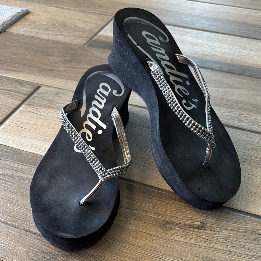Candie's Black with Silver Rhinestones Sandals Size 9